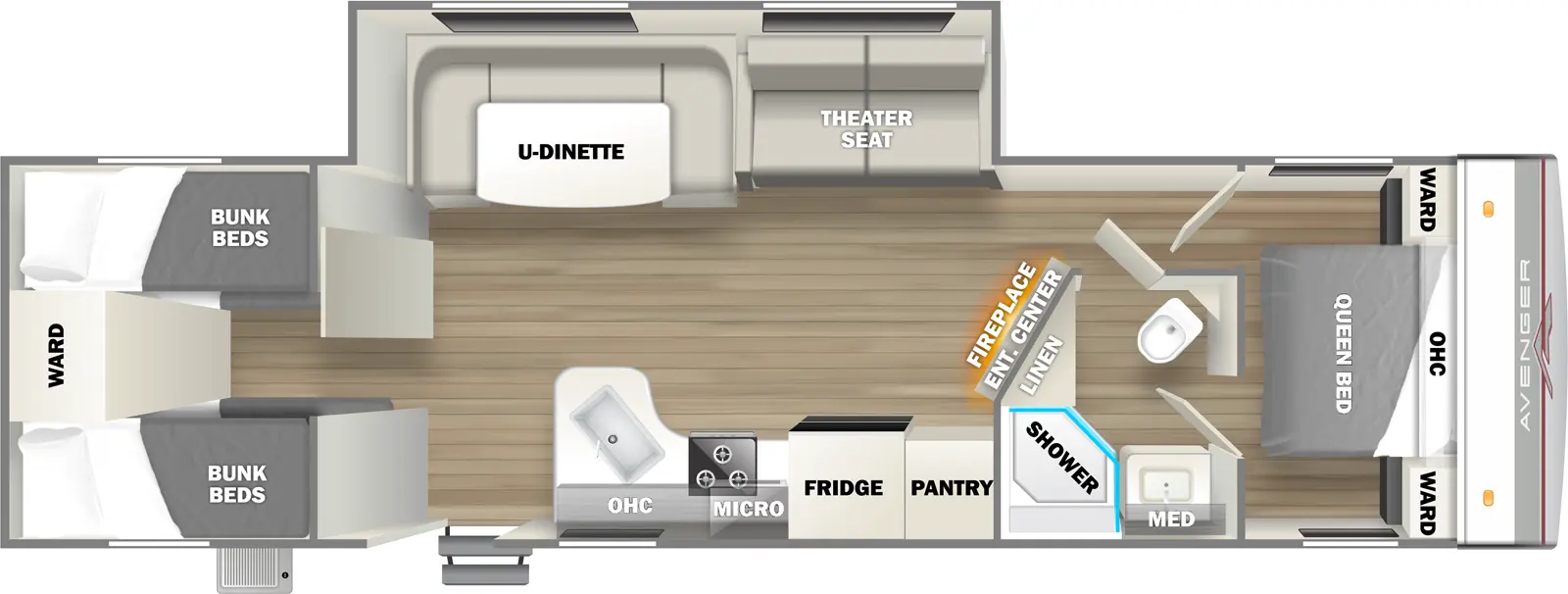 The 29QBS has one entry and one slideout. Interior layout front to back: foot-facing queen bed with overhead cabinet and wardrobes on each side; door side full pass through bathroom with linen closet and medicine cabinet; angled entertainment center with fireplace below; off-door side slideout with theater seat and u-dinette; door side pantry, refrigerator, microwave, cooktop, overhead cabinet, peninsula kitchen counter with sink, and entry; rear bunk room with bunk beds on each side and wardrobe on rear wall in between.